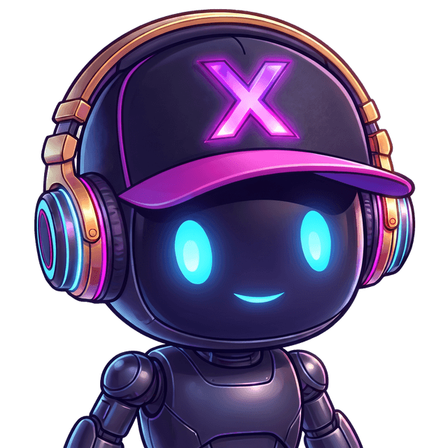 XMemeB0t mascot — a sleek dark robot with glowing blue eyes, neon headphones, and an X cap